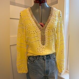 Boston Proper Yellow Embroidered V-Neck Tunic with Beaded Trim XS
